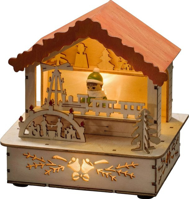 Konstsmide LED Holzsilhouette Weihnachtsmarkt Marktstand in Naturfarben mit orangenem Dach - Bild 1
