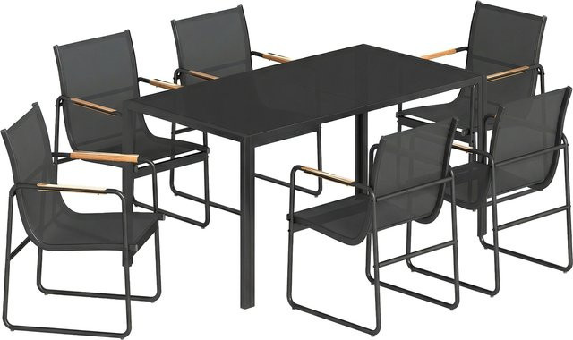 Outsunny Gartenmöbel Set Sitzgruppe mit Glastisch und 6 Stühlen in Schwarz, wetterfeste Gartengarnitur für Garten, Balkon und Terrasse, Tisch B: 150 cm, T: 80 cm - Bild 1