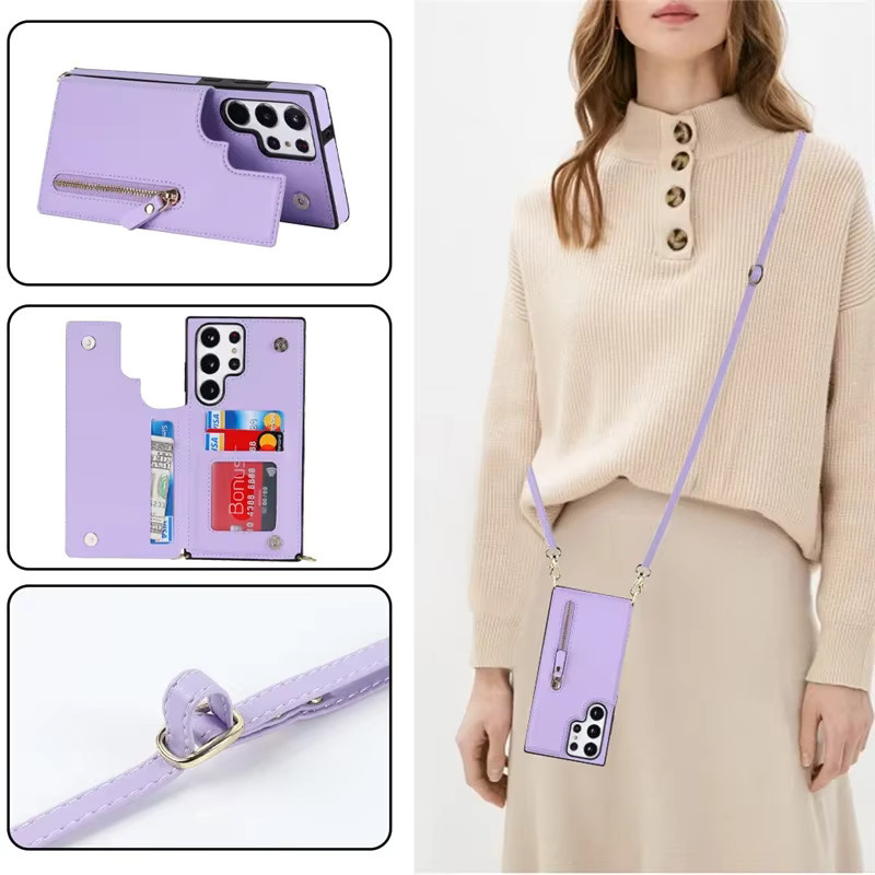 Leder Umhängetasche mit Reißverschluss und Kartenhalter als Handyhülle für Samsung Galaxy S25 S24 S23 S22 Plus S21FE Note 20 Ultra in Braun und Lila - Bild 3