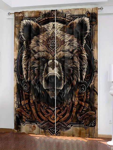 Yiran Furniture Vorhänge mit Wikingerbär-Tiermuster, 2er-Set, Schwarz/Braun, halbtransparent, B: 35 cm, H: 100 cm - Bild 1