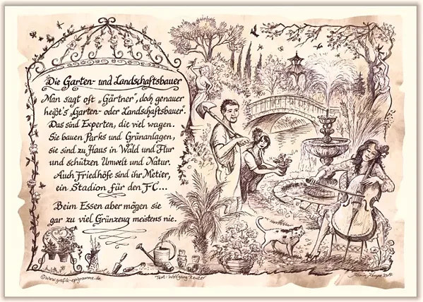 Zunftbild Garten- und Landschaftsbauer als Vintage Paper Poster in A4 auf Antikpapier, Mehrfarbig - Bild 1