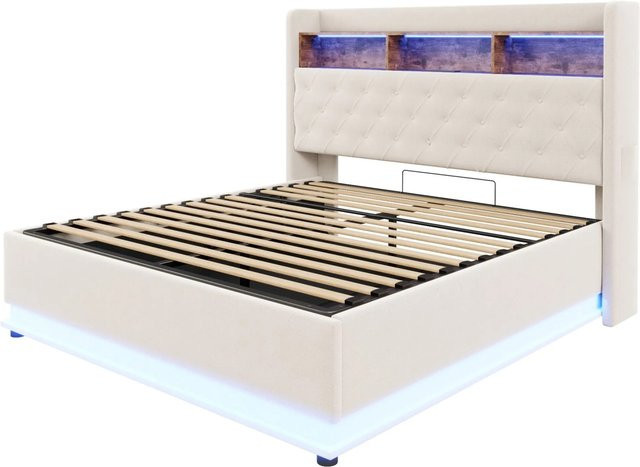 okwish Polsterbett Beige mit Stauraum, USB-Ladeport, Nachttischregal und Unterbettbeleuchtung, B/T/H: 180 x 200 x 113 cm - Bild 1