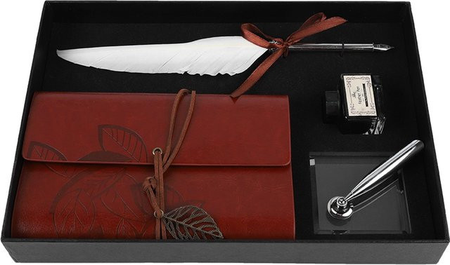 Retro Schreibwaren Geschenkbox mit Leder Notizbuch, Füllfederhalter und Tintenflasche in Schwarz und Braun - Bild 1