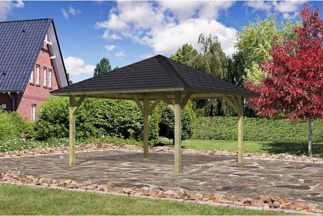 Karibu Pavillon Holm 1 aus nordischem Fichtenholz mit Walmdach und schwarzen Rechteckschindeln, Farbe: Schwarz, B/T/H: 431 x 431 x 315 cm - Bild 1