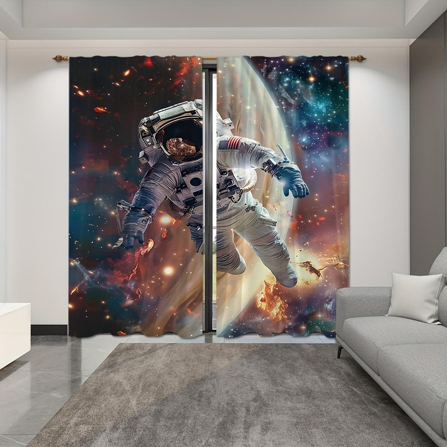 2er-Set Yiran Furniture Vorhänge mit Astronaut Weltraumlandschaft Motiv, halbtransparent, Polyester, Mehrfarbig, Breite: 100 cm, Höhe: 130 cm - Bild 2