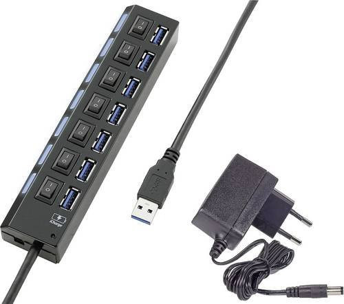 Renkforce RF-4821051 USB-Hub mit 7 USB-A 3.0 Ports, 5 GBit/s, einzeln schaltbar mit Status-LEDs und iPad-Ladeport, Schwarz - Bild 1