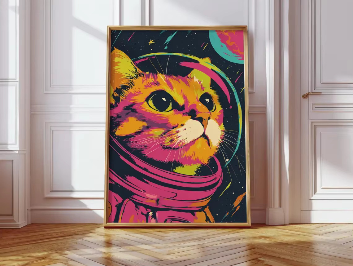 Leinwand-Wandkunst mit Astronauten-Katze in Neon-Pop-Art, farbenfrohes Weltraum-Kunstwerk von SHENCHEN, multicolor - Bild 6