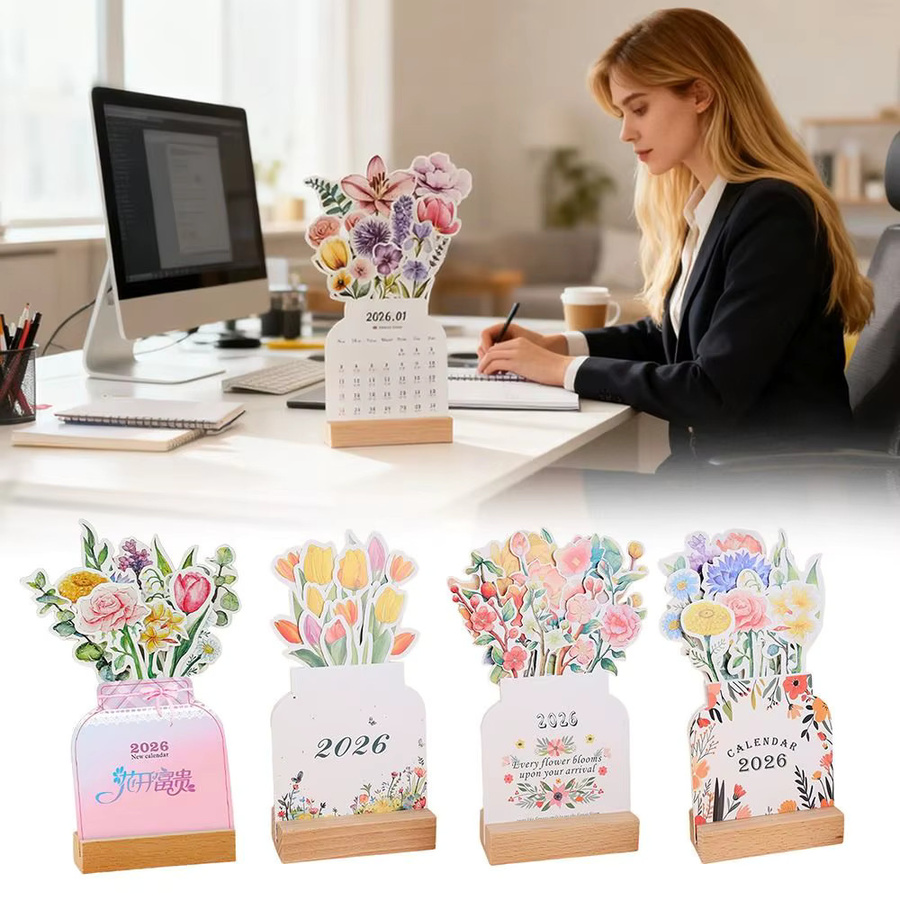 Tischkalender 2026 mit Holzsockel in Vasenform und blühenden Blumen, pink und mehrfarbig - Bild 2