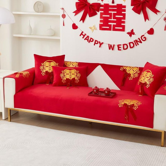 Rotes Hochzeitssofa-Kissen von Super Six, quadratisches Chenille-Sitzkissen mit rutschfester Oberfläche, B/B: 70 x 70 cm - Bild 1