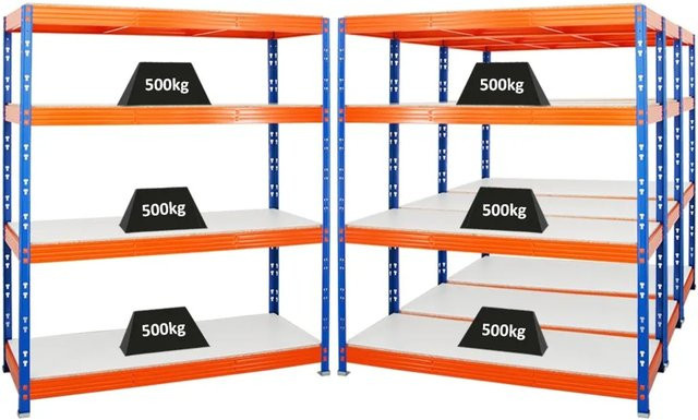 PROREGAL Rhino Profi Schwerlastregal Set aus 4 Einheiten, Blau-Orange, H x B x T: 180 x 160 x 60 cm, mit 4 verstellbaren Melamin-Ebenen und 500 kg Fachlast - Bild 1