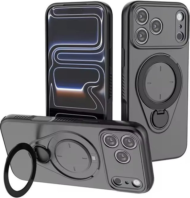 Magnetische TPU-Handyhülle mit 360 Grad drehbarem Ständer und Ringhalter für iPhone 16 Pro Max und iPhone 16 Plus in Schwarz - Bild 1