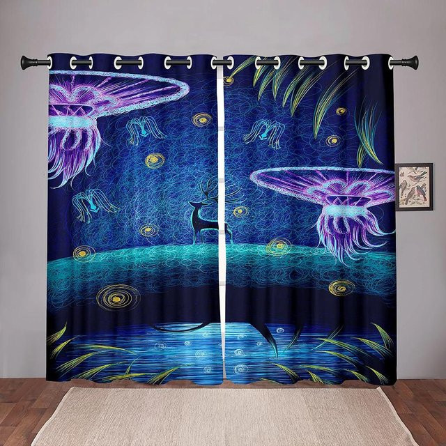 Yiran Furniture Verdunkelungsvorhänge Reh Wald Cartoon Design, Blau, B: 55 cm x H: 120 cm, 2er-Set mit Ösen - Bild 1
