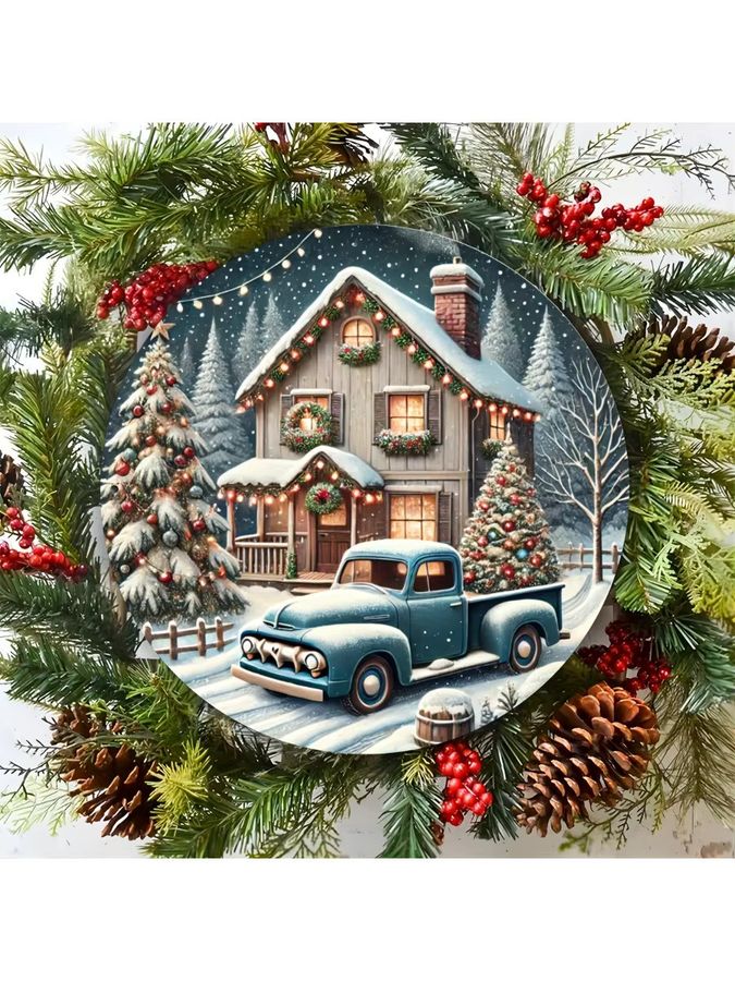 Potdemiel Vintage Weihnachts-Metallschild mit Hütte und LKW zur Dekoration, 20,32 x 20,32 cm - Bild 7