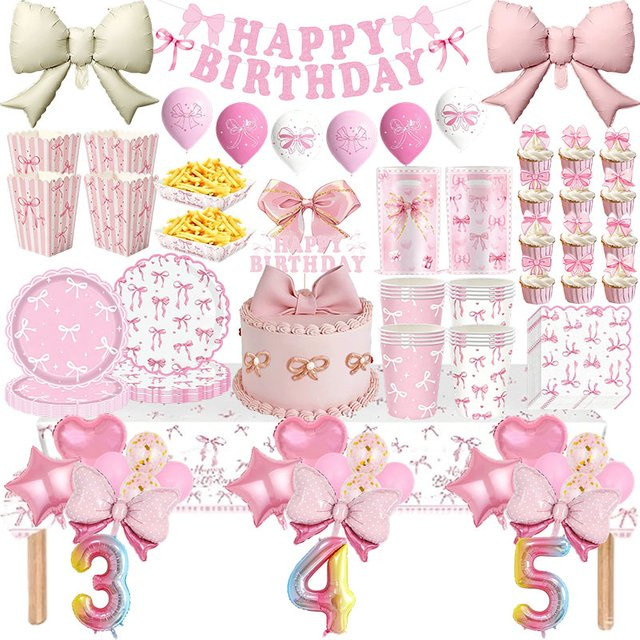 Rosa Party-Dekorationsset mit Schleifen-Motiv für Geburtstage und Hochzeiten bestehend aus Pappgeschirr, Luftballons, Geschenktüten und Bannern - Bild 1