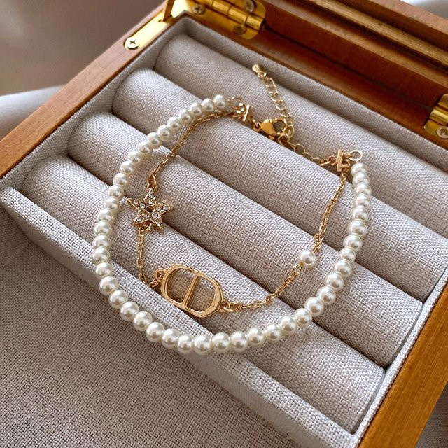 Perlenkette, diamantbesetzt, zweilagig, grau, Damen - Bild 1