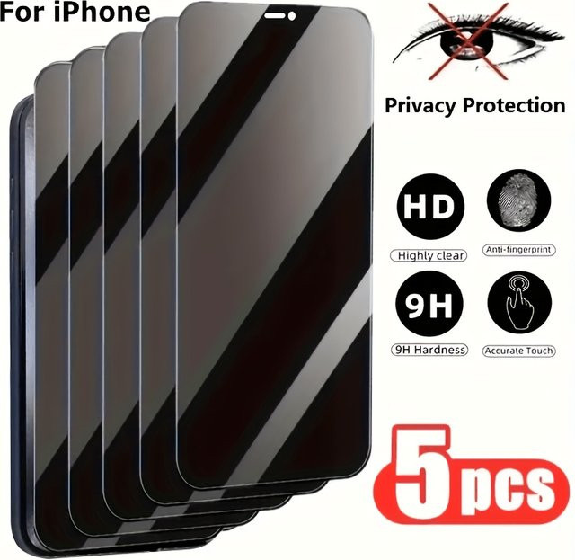 5 Stück Sichtschutz Displayschutzfolie aus gehärtetem Glas für Apple iPhone 11 12 13 14 15 16 17 Pro Max, transparent, Anti-Fingerabdruck - Bild 1