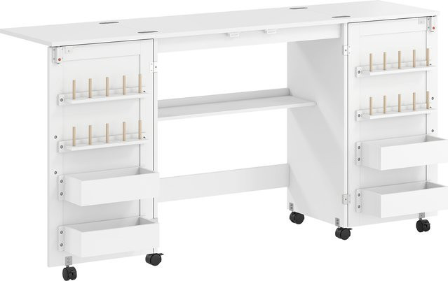 HOMCOM Klappbarer Nähtisch in Weiß mit 2 Magnettüren, 4 Boxen, 20 Haltestiften und Rollen - Bild 1