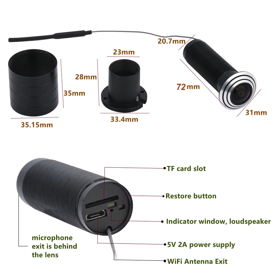 HQCAM Mini Wifi Türaugen Kamera mit 1080P Auflösung, Weitwinkel FishEye Objektiv 1,66mm und Audio, Schwarz - Bild 6