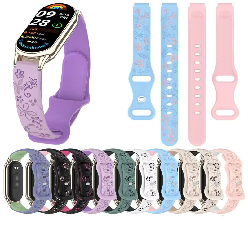 CAOWTAN Silikon Smart Armband mit Blumen-Gravur für Xiaomi Mi Band 9 und Mi Band 8 in Pink und Weiß - Bild 3