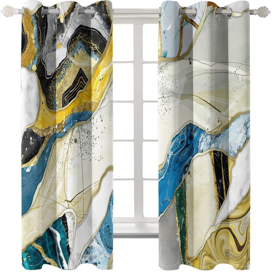 2er-Set Yiran Furniture Vorhänge mit Marmor-Textur in Gelb, Blau, Grau und Gold, halbtransparent, Polyester, B: 100 cm, H: 130 cm - Bild 1