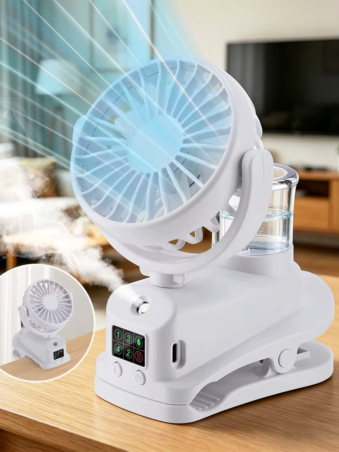 AFDEAL Tragbarer Clip-On-Nebelventilator mit LED-Digitalanzeige und 4 Geschwindigkeiten, USB-wiederaufladbar, Farbe: Weiß - Bild 5