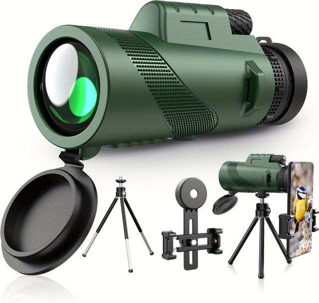 WTEMPO 8x42 Monokular-Teleskop mit Smartphone-Adapter und Metallstativ in Grün und Schwarz - Bild 1