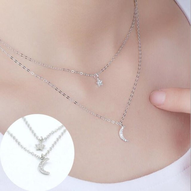 Halskette 925 Sterling Silber, Stern Mond Kristall, Doppelschichtig, Damen - Bild 1