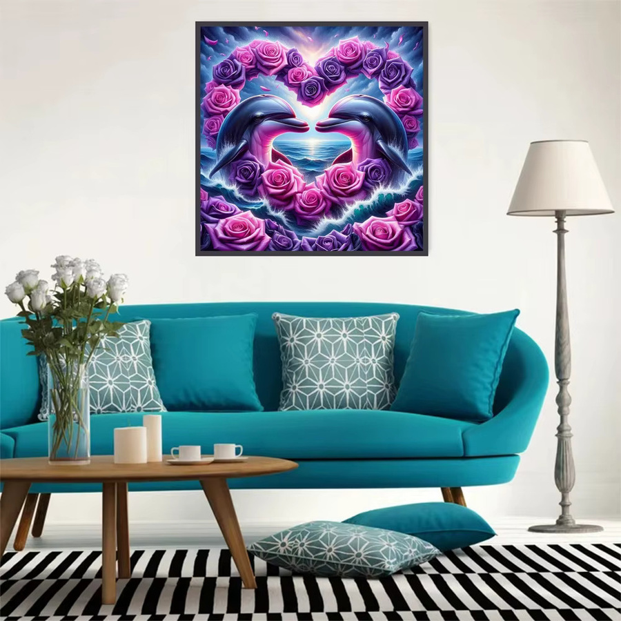 EverShine 5D-Diamantgemälde Delfin mit Rose und Herz als DIY-Mosaik-Stickerei in Multicolour für Erwachsene - Bild 3