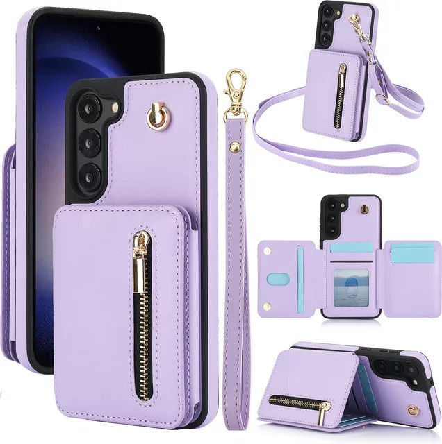 Samsung Crossbody Lanyard Handyhülle mit Reißverschluss und Kartenfach für Galaxy S24 Ultra S25 S23 S22 Plus A55 in Schwarz oder Lila - Bild 1
