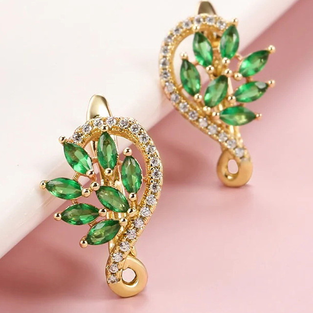 Huitan Ohrringe, Green Leaf Design, Zirkonia, Gold, Damen - Bild 1