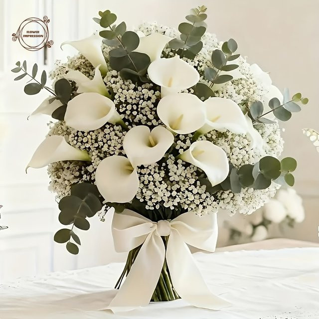 Künstlicher Blumenstrauß mit Calla-Lilien und Gypsophila in Weiß von YN HI FLOWER ENJOY YOUR LIFE - Bild 1