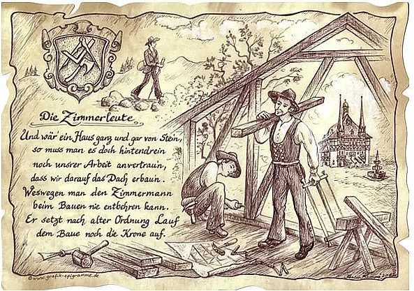 Zunftbild Zimmerleute als Vintage Paper Poster in A4 auf Antikpapier, Mehrfarbig - Bild 1