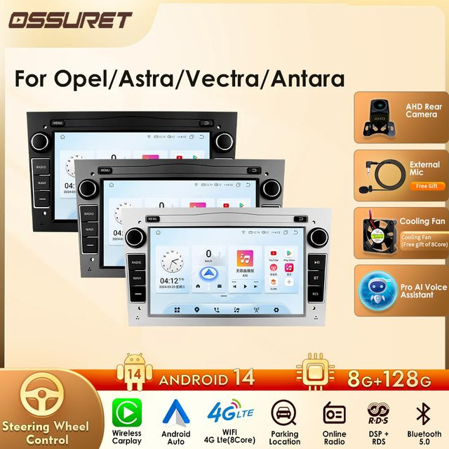 OSSURET Android 14 Autoradio mit 8 GB RAM und 128 GB Speicher, 2 DIN Stereo mit Carplay, GPS und Bluetooth für Opel Astra H G J, Antara, Vectra C, Zafira B, Vivaro und Merira, Farbe: Schwarz/Silber - Bild 1