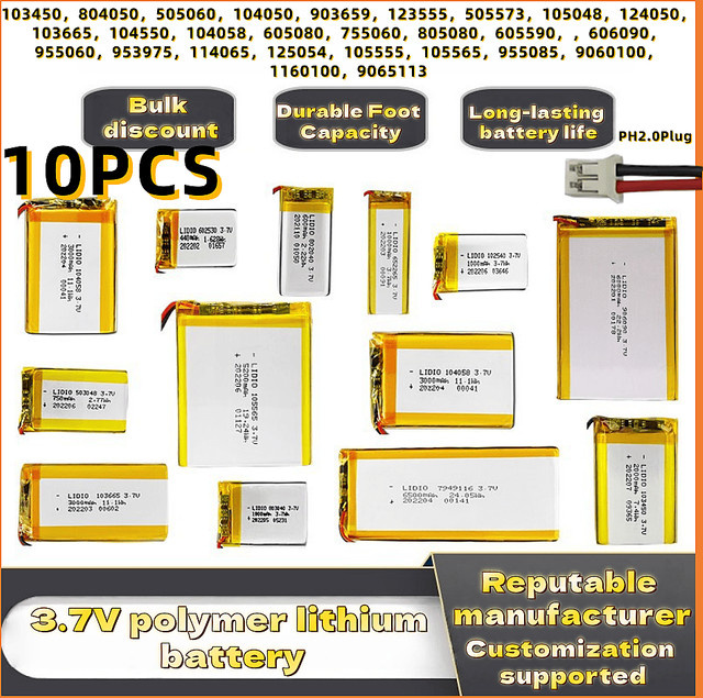 10 Stück SMARTOOOLS Li-Po-Akku 3,7 V mit PH2.0-Stecker, wiederaufladbarer Lithium-Akku in Gelb für Bluetooth-Lautsprecher, GPS und andere Geräte - Bild 1
