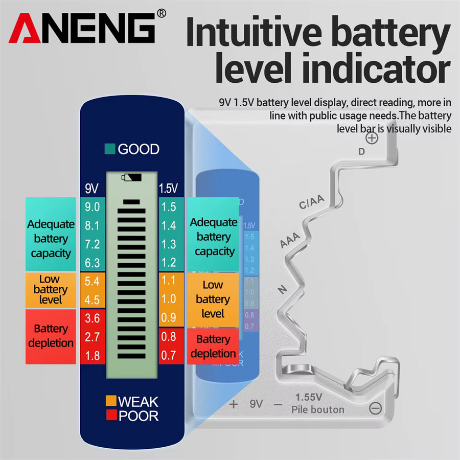 ANENG BT1688 Digitaler Batterietester mit LCD-Display zur Kapazitätskontrolle für AA, AAA, D, N, 9V und Knopfzellen in Silber - Bild 4