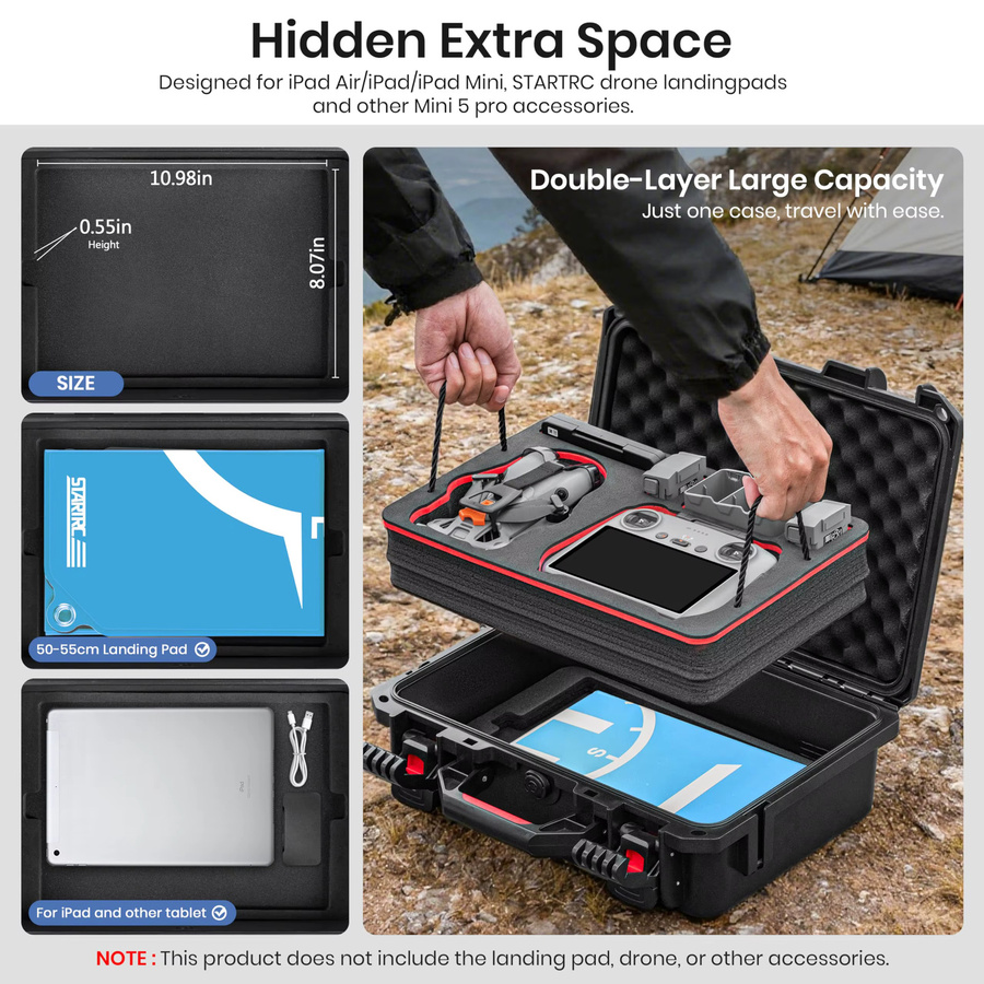 STARTRC VCR Wasserdichter Hartschalenkoffer für DJI Mini 5 Pro, Mini 4 und Mini 3 inklusive Zubehör und Kompatibilität mit RC-N und RC2 Controllern, Schwarz - Bild 3