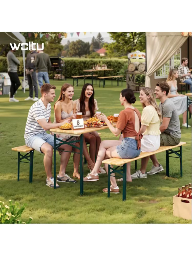 WOLTU Wetterfestes 3-teiliges Bierzelt-Set aus Holz mit 1 Biertisch und 2 Bierbänken in Natural Wood und Braun - Bild 4