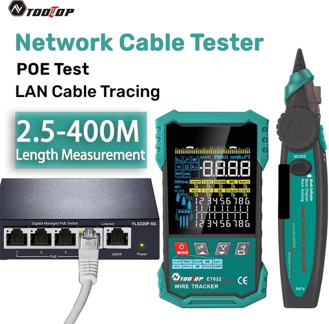 TOOLTOP ET622/623 Netzwerkkabel-Tester mit PoE-Test, QC-Crimping, Breakpoint-Detection und 400m Kabellängenmessung - Bild 1