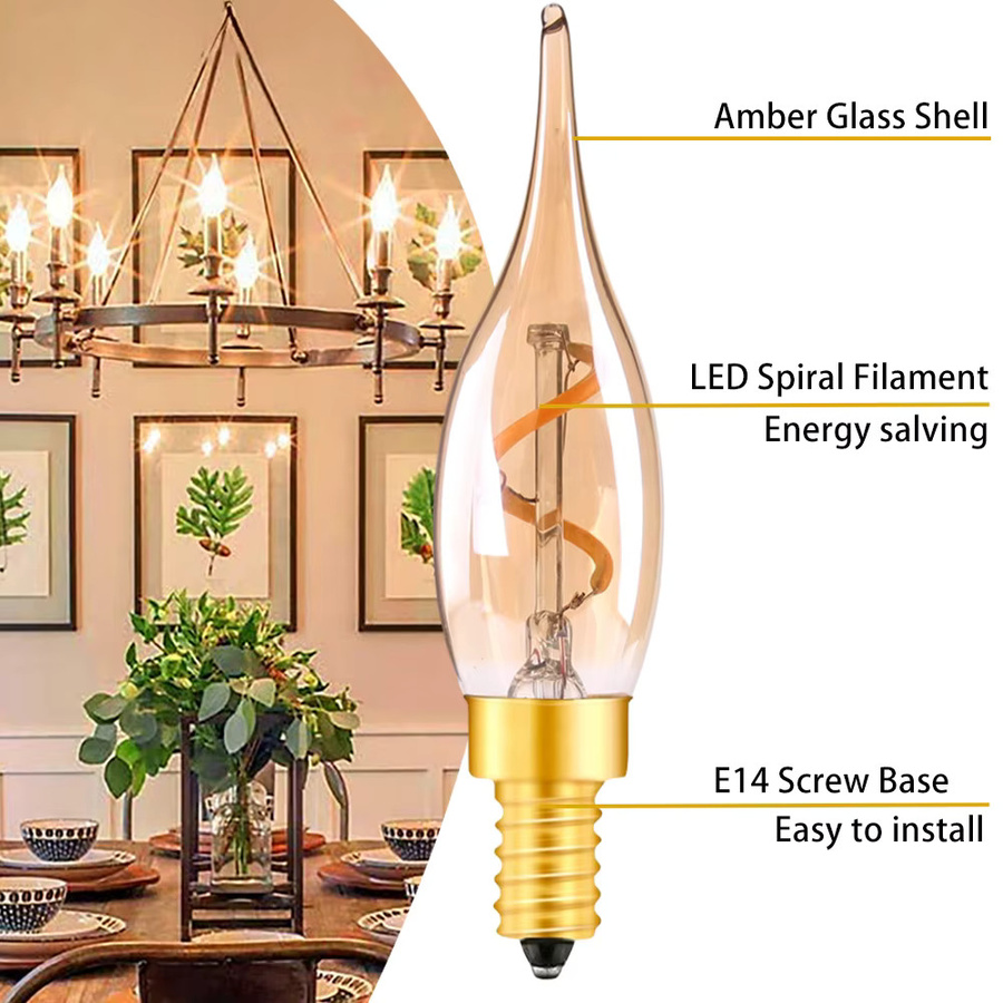Grensk C22 Vintage LED Kerzen-Glühbirne E14, dimmbar, 1,5 W, 2200 K Warmweiß, bernsteinfarbenes Spiral-Filament aus Glas - Bild 3