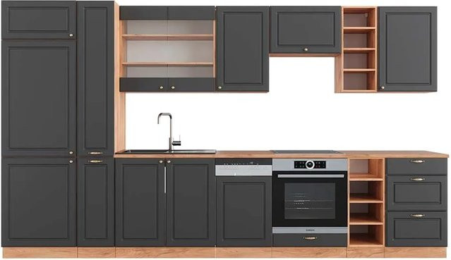 Vicco Fame-Line Küchenzeile Landhausstil in Anthrazit und Eiche, Breite: 355 cm - Bild 1