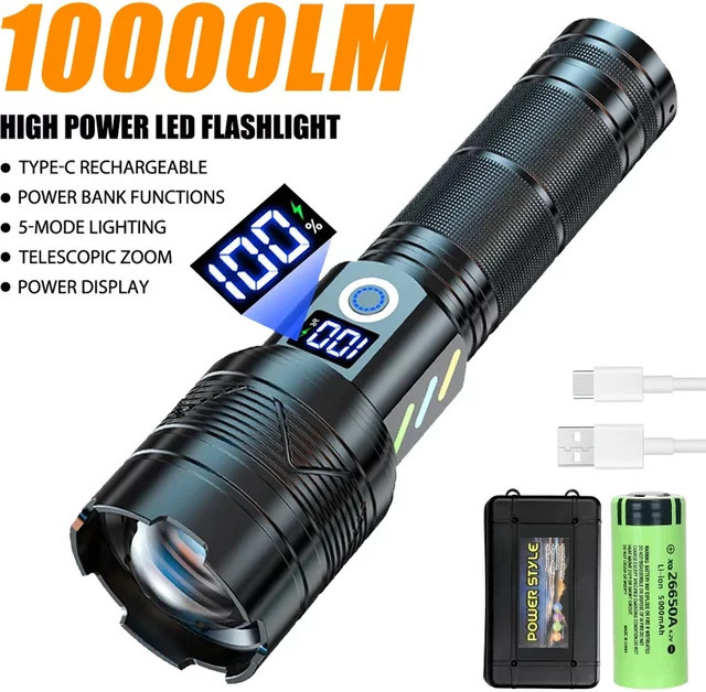ZHIYU LED-Taschenlampe mit 10000 Lumen, USB-Aufladung, Teleskop-Zoom und Leistungsanzeige, Schwarz - Bild 1