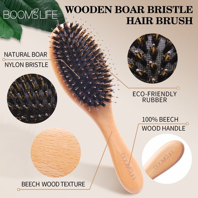 BOOMSLIFE Haarbürste aus Wildschweinborsten, Holz, für lockiges Haar, Damen - Bild 1