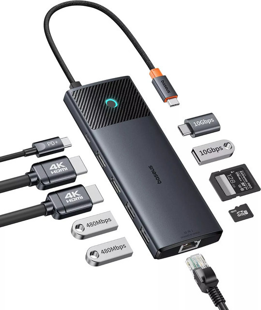 Baseus 10-in-1 USB-C Hub mit Dual HDMI 4K UHD, USB 3.2, RJ45, SD und TF Kartenleser, Schwarz - Bild 2