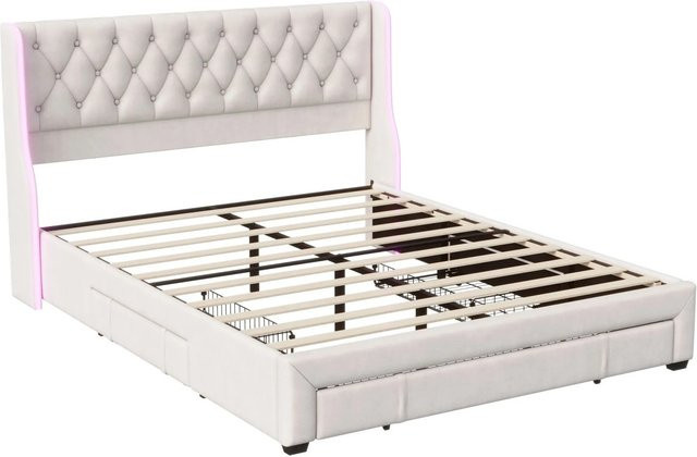 PXloue Stauraumbett in Beige mit Schubladen und LED-Beleuchtung, B/T/H: 160 x 200 x 166 cm - Bild 1