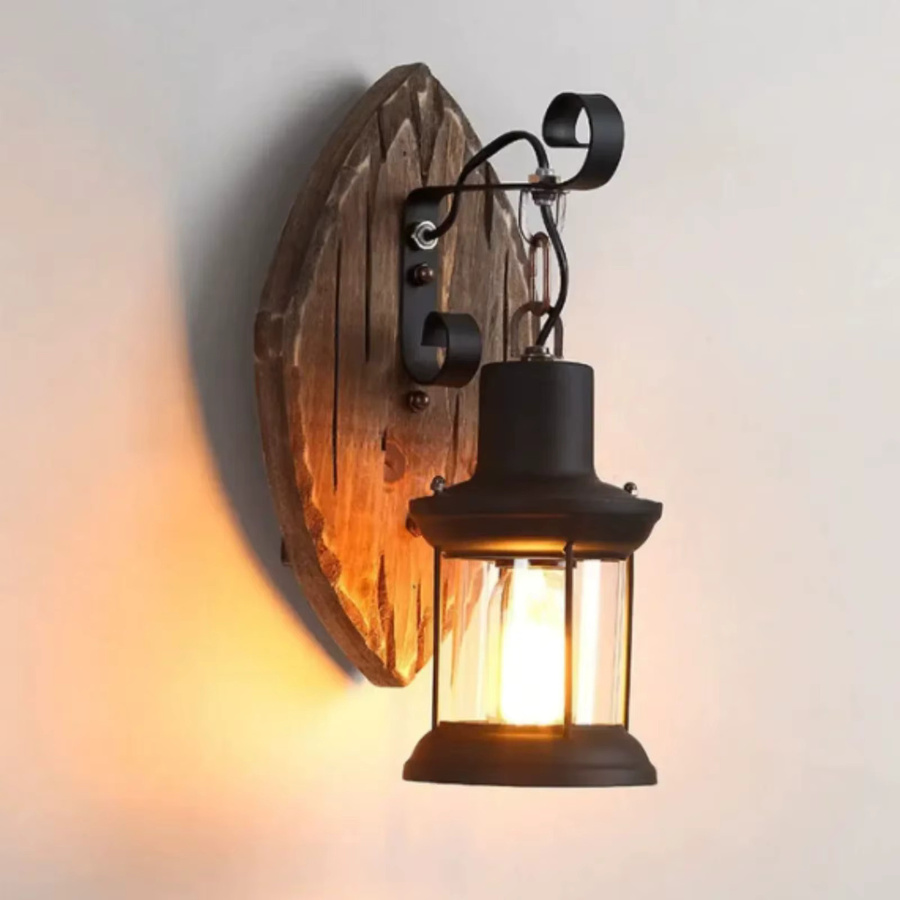 Bymaocar Wandleuchte im Industrie-Design aus Holz und Metall in Schwarz mit transparentem Glas und E27 Fassung, H: 36,0 cm, B: 15,0 cm, T: 11,0 cm - Bild 5