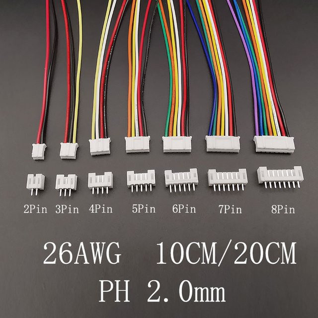 5 Sets JST PH2.0 Mini Stecker Set mit 2-8 Pin Gehäuse und 26AWG Kabeln, 2,0mm Pitch, männlich und weiblich, 10cm oder 20cm Länge - Bild 1
