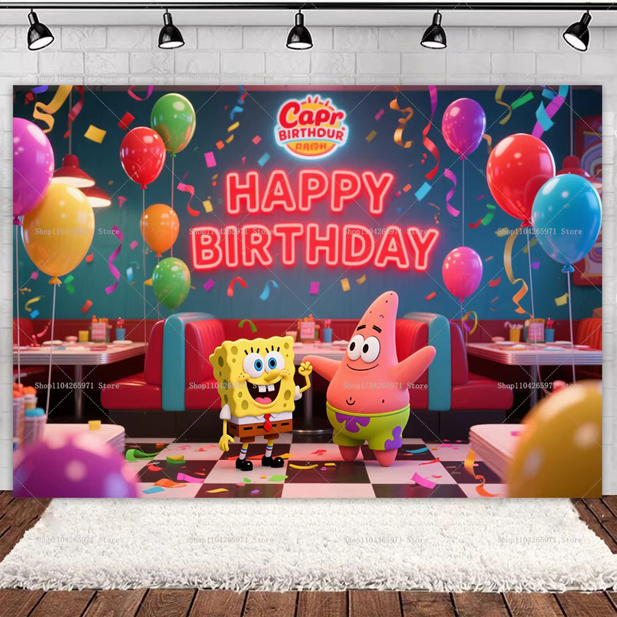 Potdemiel Spongebob Party Hintergrund Dekoration Gelb mit Unterwasser-Motiv und Patrick Stern für Kindergeburtstage, Breite: 150 cm, Höhe: 100 cm - Bild 2