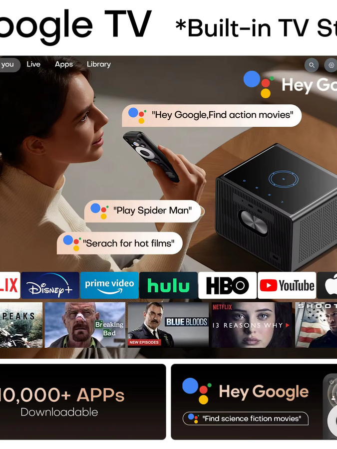 HORLAT Ultra HD Smart Google TV Heimkino-Videoprojektor mit 52000 Lumen, Android 14, Autofokus und 4K UHD in Schwarz - Bild 1