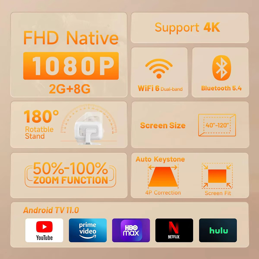 DITONG X3Plus HD-Projektor in Weiß mit 1080P Full HD, 4K Unterstützung, WIFI6, Bluetooth 5.4 und Android sowie Autofokus und Auto-Keystone für dein Heimkino - Bild 2