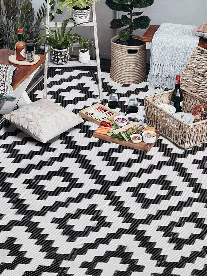 WESTTUNE Outdoor-Teppich in Schwarz, geometrisches Design, wasserdicht und wendbar, ideal für Garten, Terrasse und Camping - Bild 6